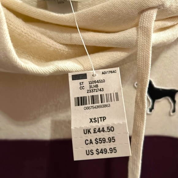 Women’s pink sweatshirt, size XS. Cross neck hoodie. Cream and burgundy w gray.. - Picture 2 of 5